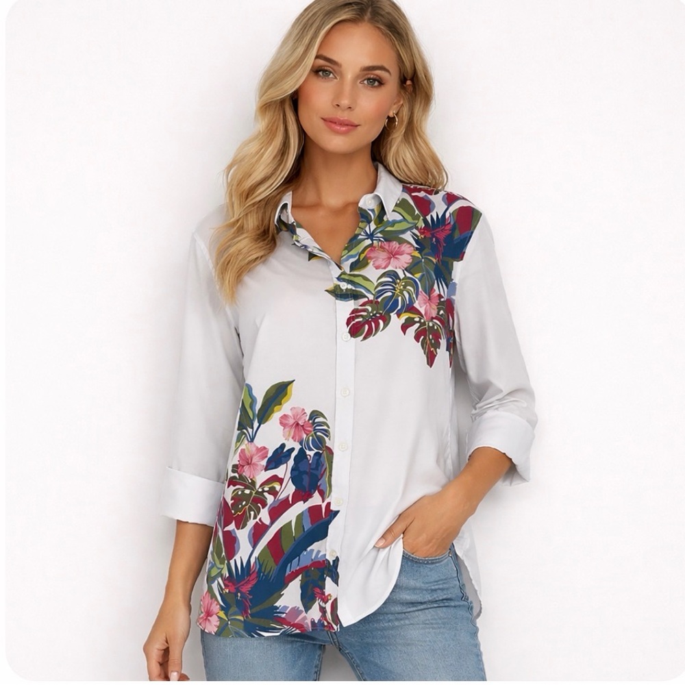 Chico’s Tropical Floral Button-Up Shirt sz 3/16 No Iron Cotton Travel Resort